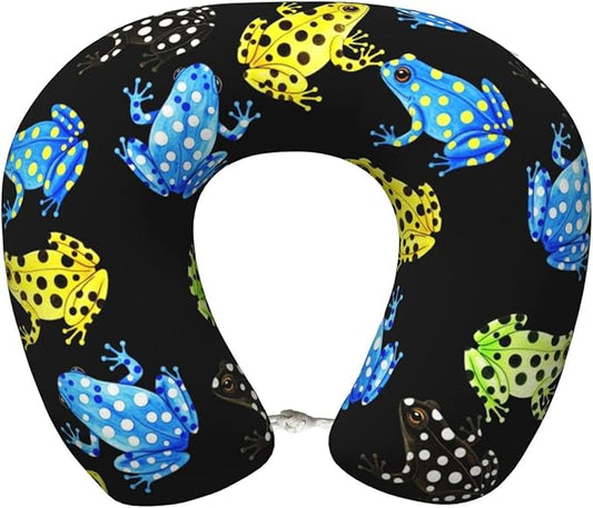 Travel Neck Pillows for Sleeping Rest Car Airplanes Tropical Frogs Black, Memory Foam with Removable Breathable Zipper Cover Washable for Men Women