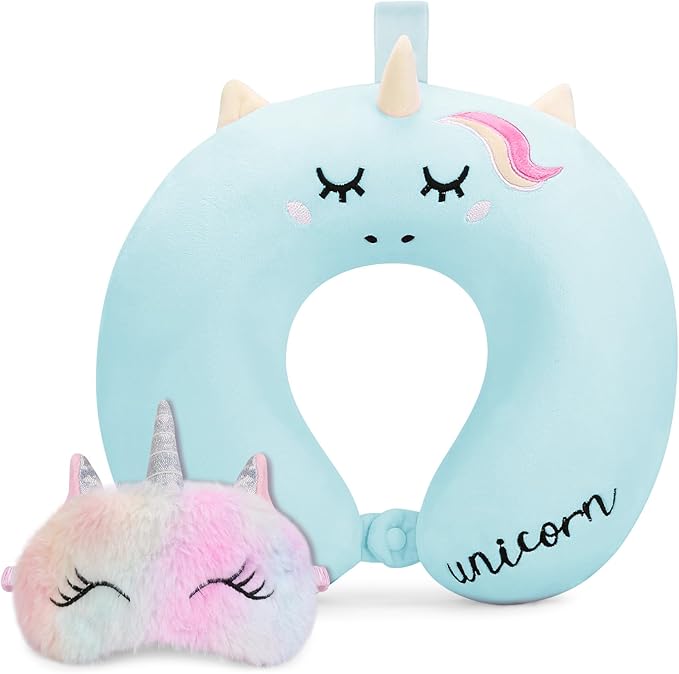 Toddler Neck Pillow, Kids Travel Neck Pillow for Traveling with Eye Mask, Toddler Cute Unicorn Airplane Travel Essentials, Memory Foam Car Flight Sleeping Headrest for Baby Boy Girl Child Gift (Blue)