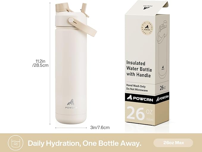 POWCAN 26 oz Insulated Water Bottle with 2-in-1 Straw and Spout Lid, Keep Cold 24H, Leak-Proof, Fits in Car Cup Holder, Stainless Steel Water Bottle for Sports, Travel, Gym, and School (Mushie Muse)