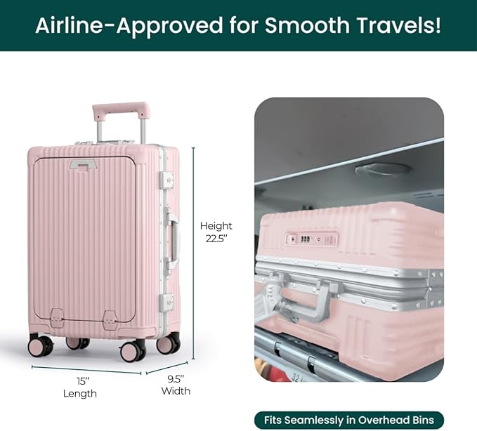 Nobl Travel Carry On Luggage, Noble Zipperless Aluminum Frame PC Hard Shell Suitcase, 22.5x15x9.5 Airline Approved, 360° Spinner Wheels, TSA Locks, USB Charging Port, Cup & Phone Holder - Pink