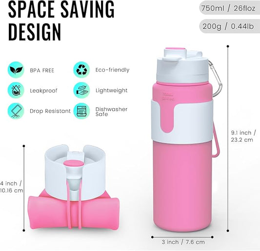Nefeeko Collapsible Water Bottle, BPA Free 26oz Foldable Water Bottle for Travel Sports, Leak-Proof Spill-Proof Portable Water Bottles with Carabiner, Lightweight