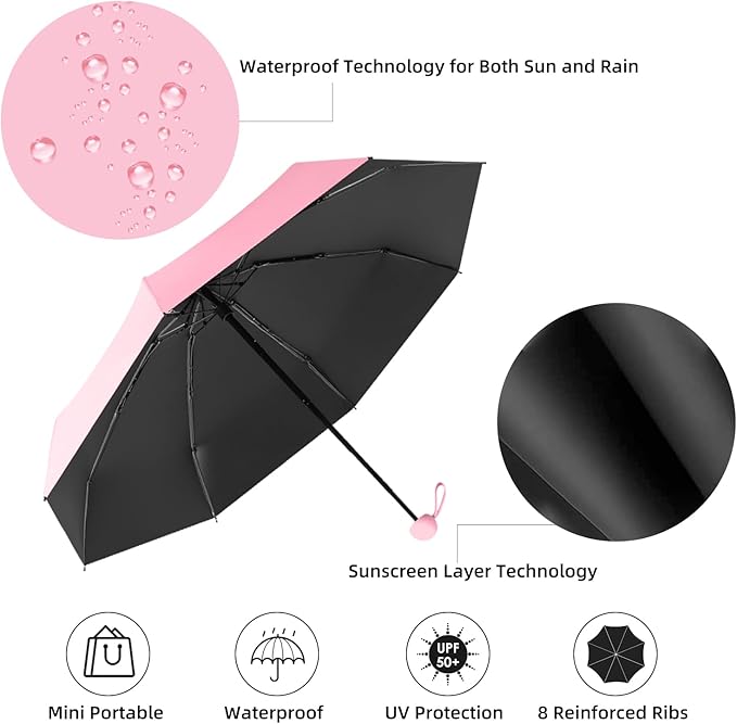 Compact Travel Umbrella, Small Pocket Mini Umbrella for Purse Wallet, UV Sun Rain Umbrellas for Backpack, Portable Folding Umbrellas for Women Kids