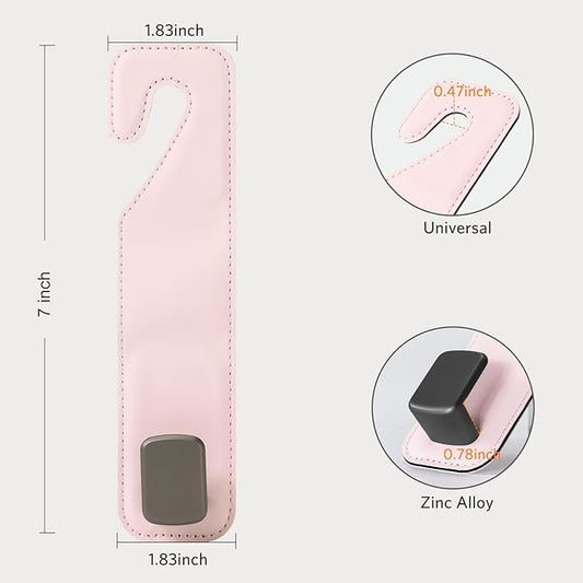 CoBak Headrest Hooks for Car - Universal Premium Stitched Leather and Aluminum-Magnesium Alloy Single Car Seat Back Storage Hook for Purses, Handbags, Bags (2 Pack),Pink