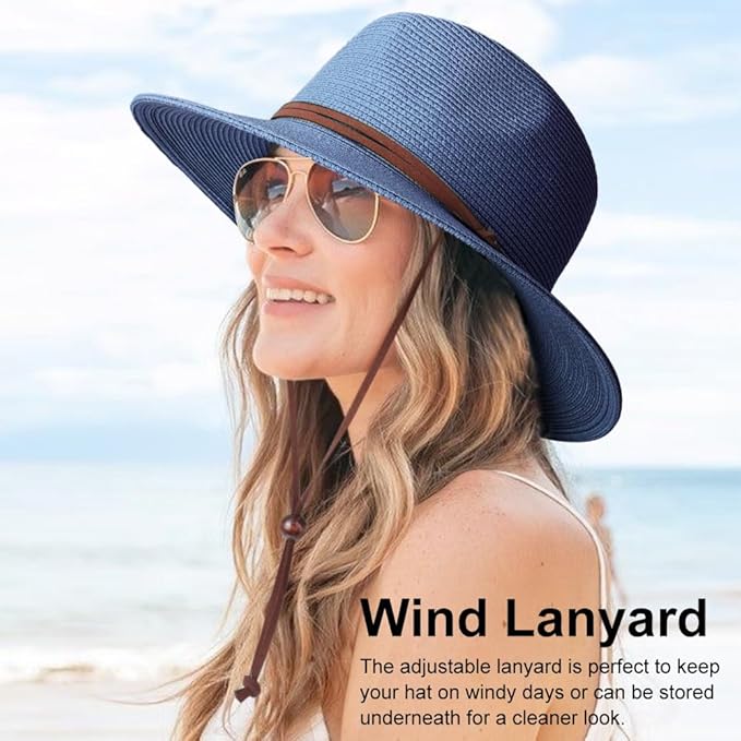 DRESHOW Women Straw Panama Hat Travel Fedora Beach Sun Hat Summer Wide Brim Straw Roll up Hat UPF 50+