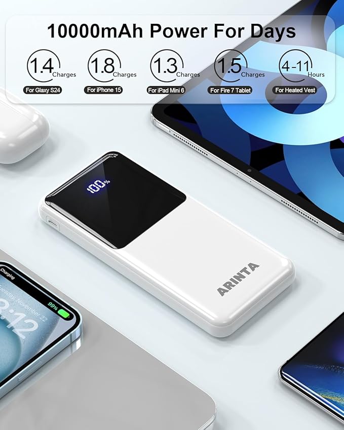 Power Bank Portable Charger 10000mAh PD 22.5W, 5V Battery Pack for Heated Vest & Heated Jacket, LED Display & USB-C Input/Output, Compatible for Smartphones, Tablets,Travel Essentials. (White)