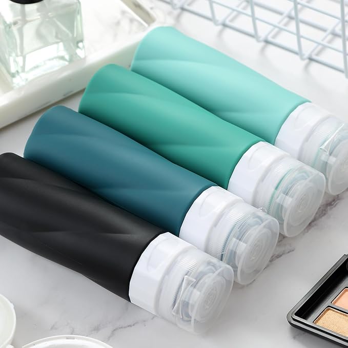 Gemice Travel Bottles - 3oz TSA Approved Containers, BPA Free, Leak Proof, Squeezable Silicone, Clear Toiletry Bag (4 Pack)