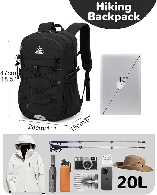 20L Small Waterproof Hiking Backpack with Chest Strap for Men, Lightweight Outdoor Daypack, Black