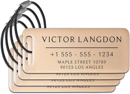 Personalized Luggage Tags for Suitcases 4 Pack - Stainless Steel Custom Luggage Tags for Backpacks & Bags, Sturdy, Waterproof & Heavy Duty (Rose Gold / 3" x 1.25")