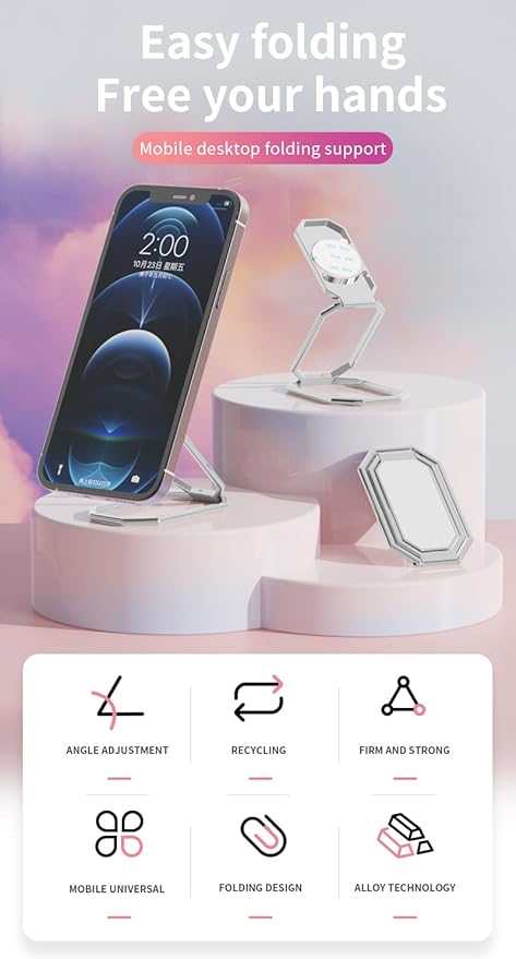 Phone Ring Holder Finger Kickstand Foldable Cell Phone Stand Upgraded 360°Rotation Metal Ring Grip Holder for Magnetic Car Mount Compatible with iPhone iPad Samsung Most Smartphone