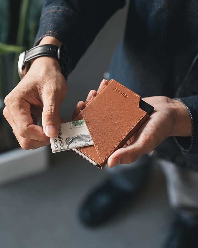 VULKIT Pop up Card Wallet Top-Grain Genuine Leather RFID Blocking Slim Aluminum Metal Bank Card Holder Case with Business Money Pocket for Credit Cards Notes and Coins Brown