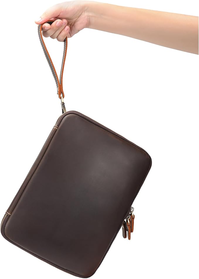 LANNSYNE Full Grain Leather Travel Cable Accessories Bag, Electronic Organizer Carry Case Double Layer Storage Case for Cables, Charger, Phone, Power Bank