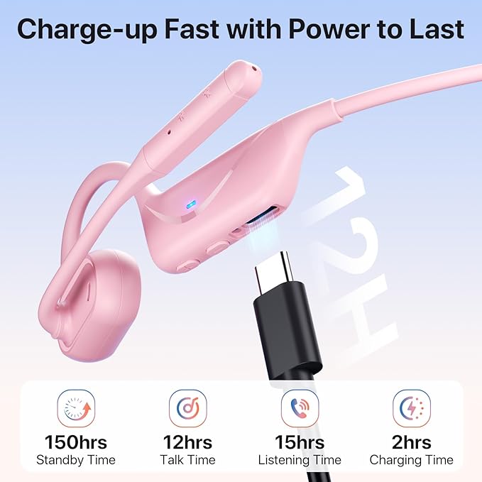 Open Ear Headphones with Mic, 29g Bluetooth Headset, Sweat Resistant,12Hrs, Dual Connect, Wireless Bluetooth Headphones with Noise Cancelling Microphone & Mute, for Work, Workout, Driving, Call, Pink