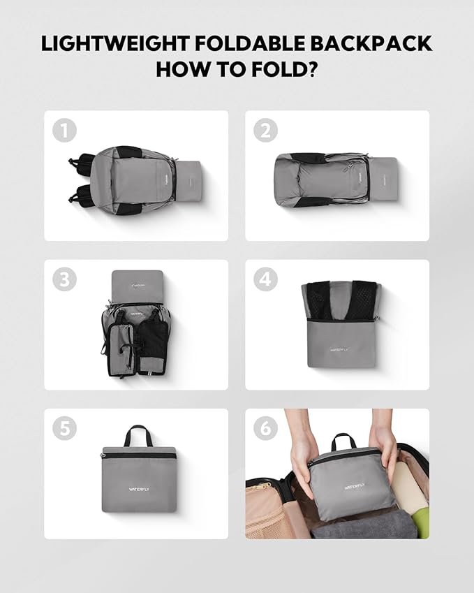 WATERFLY Packable Lightweight Small Backpack: 15L Foldable Mini Hiking Daypack - Ultralight Compact Day Pack for Women Men Outdoor Travel Camping Walking - Gray