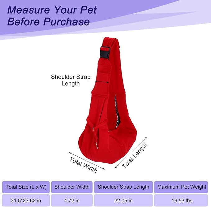 PETAXCELL Dog and Cat Sling Carrier Up to 16.5 Lbs, Hand-Free Reversible Pet Sling Carrier with Adjustable Strap and Pocket, (Red, 1 Pcs) Intended for Hiking/Camping/Traveling