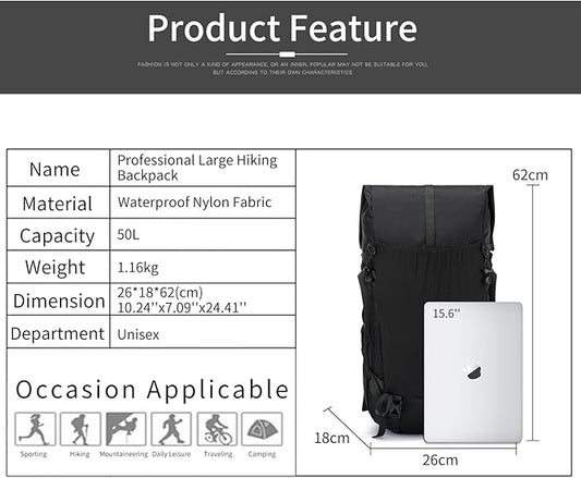 Hiking Backpack,40L to 50L Extra Large Capacity Hiking Bag,Internal Frame Camping Backpack,Upgraded X-PAC Lightweight Sport Daypack Travel Backpack Fit For Mountain Climbing Camping(Black)