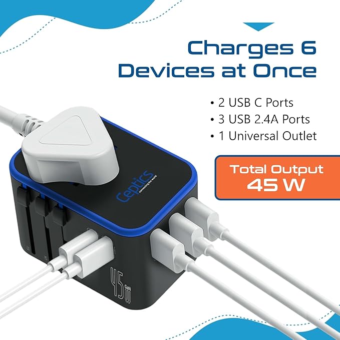 Ceptics Universal Travel Adapter, 45W International Power Adapter with PD & QC 3.0 Dual USB-C, 3 USB Travel Adapter Worldwide, Type I C G A Outlets 110V 220V A/C - EU Euro US UK (11-KU)