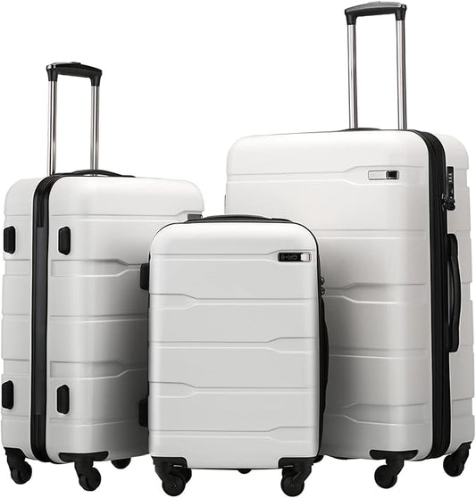 Coolife 3-Piece Luggage Set with Expandable 28-Inch Suitcase, PC+ABS Spinner (20/24/28 Inch, White)
