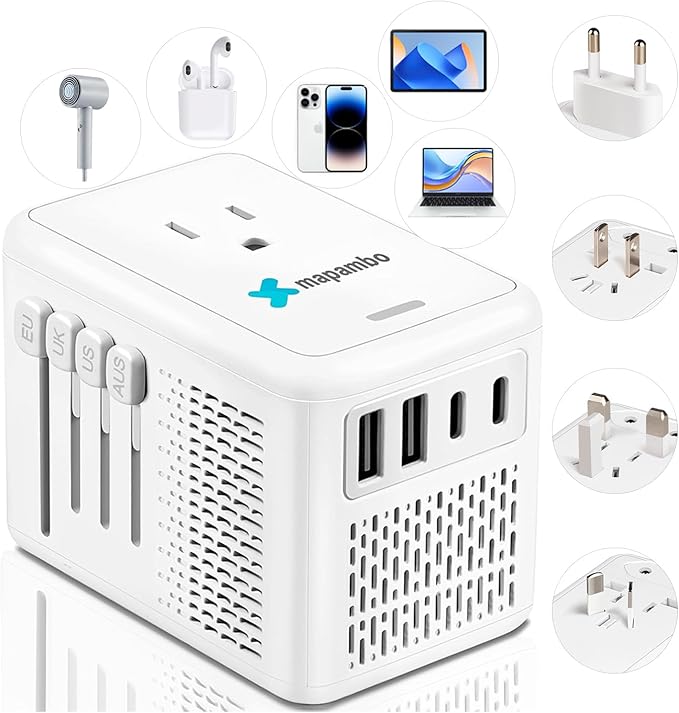 220V to 110V Voltage Converter US to Europe for Hair Dryer with Fast Charging 2 USB 2 USB C, Power Converter Adapter Combo International Travel Adapter A C G I (White)