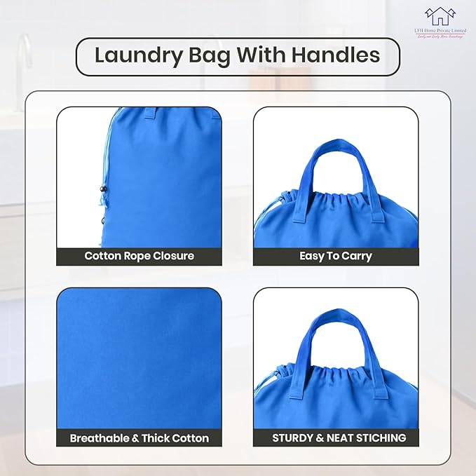 LFH Home Large Premium Cotton Canvas Laundry Bag with Drawstring and Handles Heavy Duty, Multi-Use, and Washable for Home, Travel, College or Storage 24x36 (Pack of 2)-Sky Blue