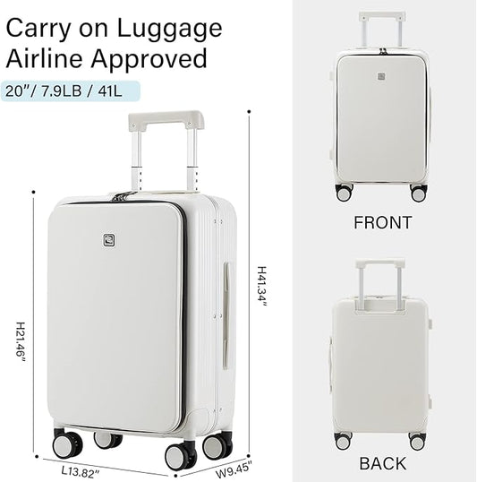 Hanke Grace Hard Shell Suitcases with Wheels,20 Inch Carry On Luggage Airline Approved with Aluminum Frame, Travel suitcase with Front Pocket Travel Luggage for Short Business Trips, Smoke White.