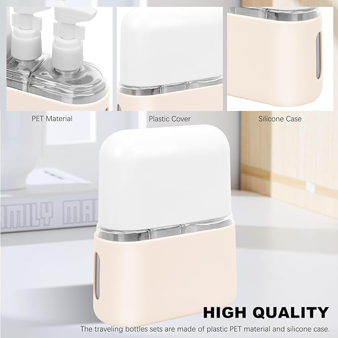 Skycase Travel Bottles - Leak Proof Refillable Tsa Approved Travel Size Toiletries, 3 in 1 Liquid Bottles Containers with Labels and Funnel Airplane Accessories Kits for Lotion Liquid (Beige)