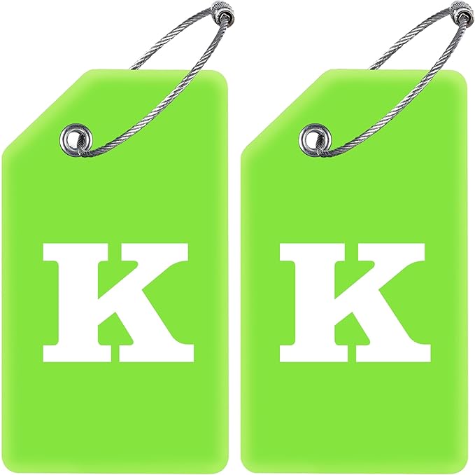 Gostwo 2 Pack Silicone Luggage Tags for Suitcases, 26 Initial Letter Baggage Labels Handbag School Bag Suitcase Instrument Tag with Stainless Steel Loop(Green)(Letter K)