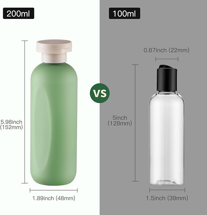 6.7oz Travel Shampoo Bottle, Empty Plastic Squeeze Bottles with Flip Cap, 4PCS Lotion Container for Toiletries (200ml, Green)