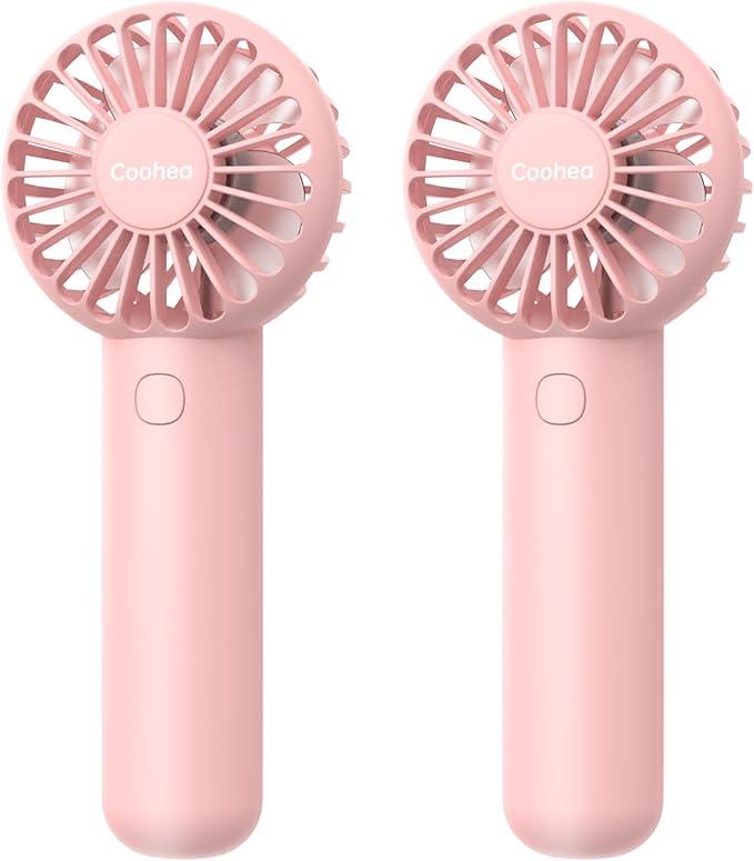 Coohea 2-Pack Pink Handheld Fan, Small Cute Design, 3 Powerful Speeds, Operated by USB/Rechargeable Battery, Portable Personal Fan with Base & Lanyard, for Eyelash Makeup Travel Beach Office Desk