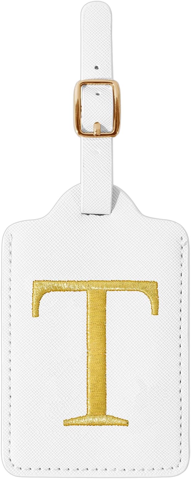 Personalized Initial Luggage Tags for Suitcase TSA Approved, White Leather Cute Luggage Tag with Privacy Cover Name Card, Embroidered Custom Luggage Tags Travel Baggage Tags Gifts for Women Kids(T)