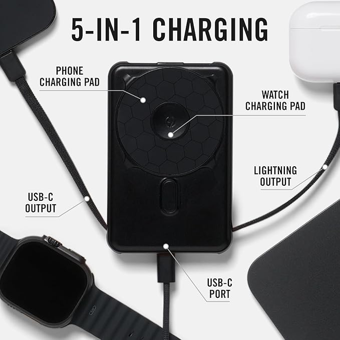 Ridge Magnetic Power Bank Fast Charging - Compatible with MagSafe - Portable Charger Power Bank - with Built in Cable and Wireless Charging, 5-in-1 Charging & Magnetic Attachment (Matte Black)