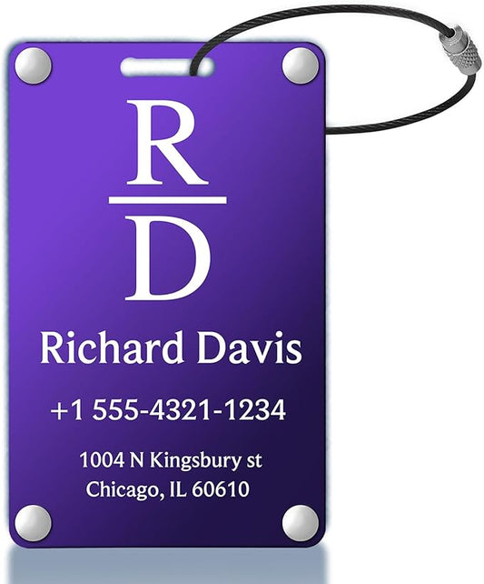 Personalized Luggage Tags for Suitcases - Monogram Style Aluminum Custom Luggage Tags for Backpacks & Bags, Sturdy, Waterproof & Heavy Duty (Purple/Card-Sized)