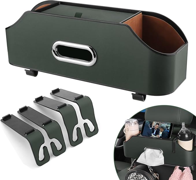 Car Seat Back Organizer - Stylish & Functional Storage for Family Adventures - Cup Holders, Tissue Box & Hooks - Perfect for Kids, Road Trips & Travel (Emeralds)
