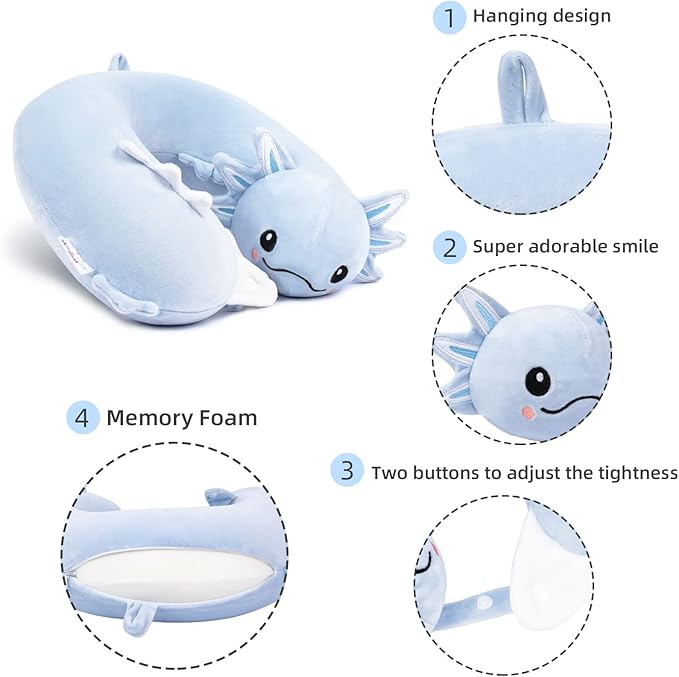 Niuniu Daddy Axolotl Neck Pillow for Traveling, Memory Foam Cervical Travel Neck Support Pillows Portable for Airplane Car Sleep, Long Trip Age 8+ Children with Boys Girls Including Adults
