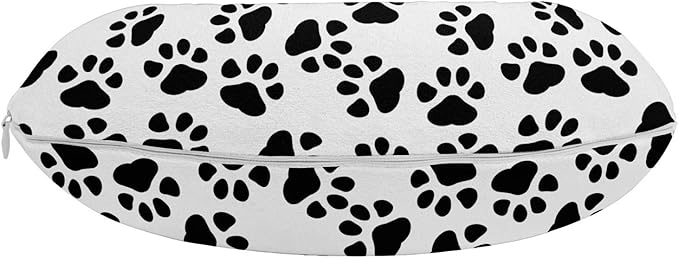 Ambesonne Paw Print Travel Pillow Neck Rest, Animal Feet Sign Pattern in Monochromatic Style Dog Cat Puppy Kitten, Memory Foam Traveling Accessory for Airplane and Car, 12", White Charcoal