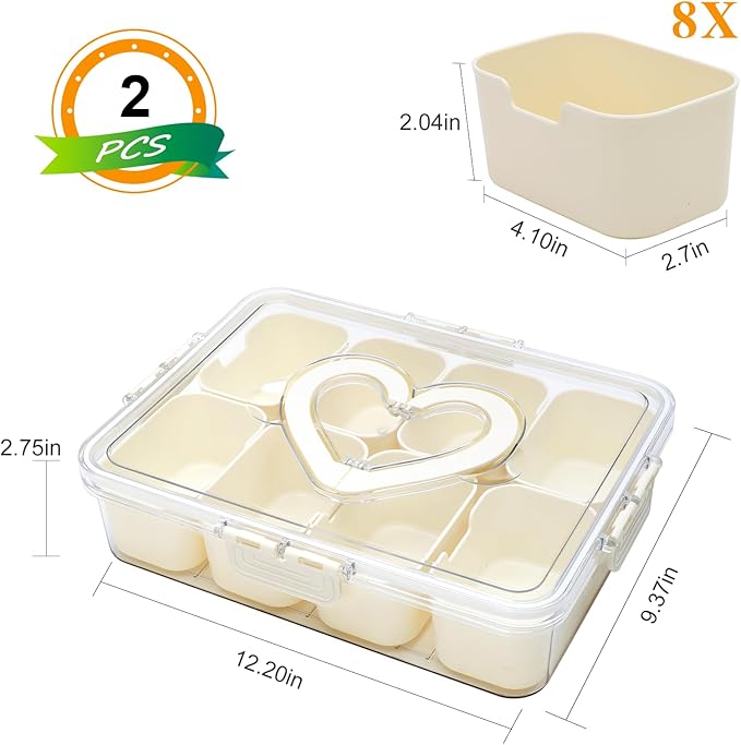 2 Pack Snackle Box Container,snack box-Divided Serving Tray with Lid and Handle with 8 Compartment,Portable Snack Serving Platters Reusable Storae Organizer for Fruits,Nuts,Candy,Party,Picnic