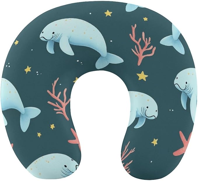 Kids Washable U-Shaped Travel Pillow Neck Support, Manatee Animals U-Shape, Airplane Car Nap Chin Cushion