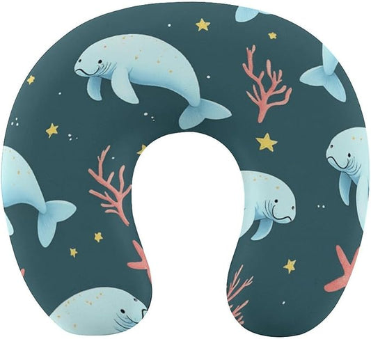 Kids Washable U-Shaped Travel Pillow Neck Support, Manatee Animals U-Shape, Airplane Car Nap Chin Cushion