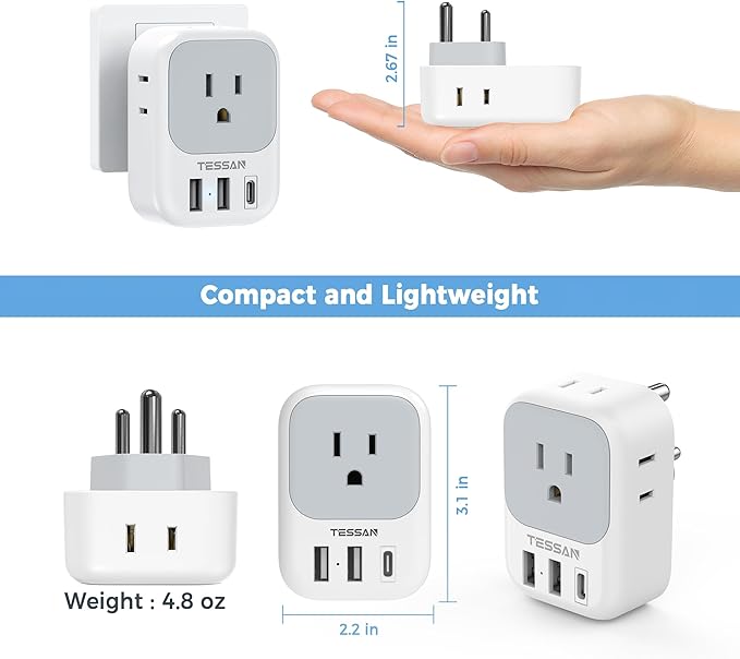 TESSAN US to India Plug Adapter, India Power Adapter with 4 American Outlets 3 USB Charger (1 USB C Port), Type D Travel Adaptor for USA to Bangladesh Maldives Nepal Pakistan