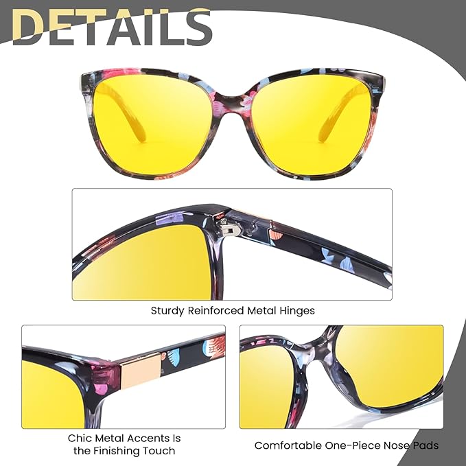 Myiaur Night Vision Driving Glasses for Women, Polarized Anti Glare Yellow Lens Glasses for Nighttime, UV400 Protection