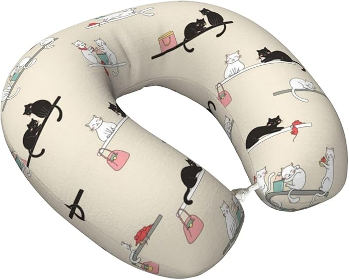 Memory Foam Airplane Pillow Cute Black and White Cat for Car Chin Head Neck Supporting, U Shape Pillows Travel Cushion for Office, Nap Sleeping