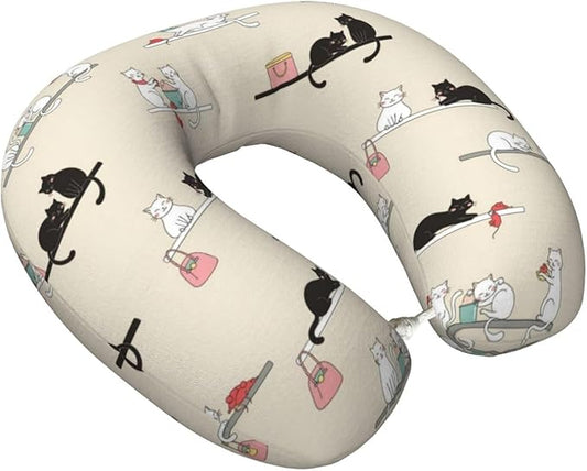 Memory Foam Airplane Pillow Cute Black and White Cat for Car Chin Head Neck Supporting, U Shape Pillows Travel Cushion for Office, Nap Sleeping