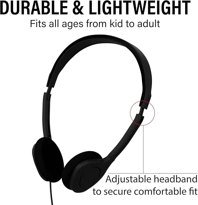 Maeline Bulk Classroom Student Headphones On Ear Stereo Headphones Flexible Adjustable Band for Kids Online Learning, Library, School, Airplane, Travel - 3.5mm Plug - 100 Pack - Black