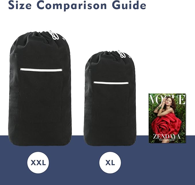 Canvas Laundry bag, Washable Laundry backpack, Adjustable Straps, Large Front Pocket, Drawstring Closure (BLACK, XX-Large)