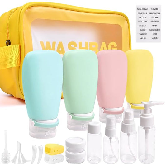 18 Pcs Travel Bottles Set for Toiletries, TSA Approved Travel Size Containers with Bandage Silicone Squeezable for Shampoo Conditioner Lotion Body Wash (Multicolour+Yellow Bag)