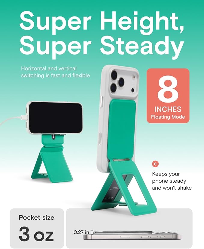 MOFT Phone Tripod Stand Selfie Stick for iPhone, Multi-Angles iPhone Stand, Lightweight & Portable Phone Holder, Strong Magnets, MOVAS Vegan Leather, Travel Essentials, Oz Green (Without Card Slot)