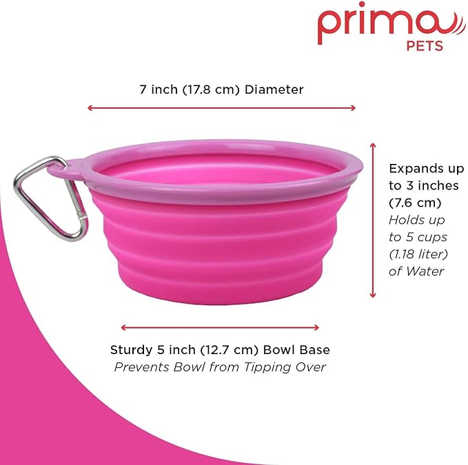 Prima Pet Collapsible Silicone Water Travel Bowl with Clip for Dog and Cat, Portable and Durable Pop-up Feeder for Convenient On-The-go Feeding – Size: Large (5 Cups) Pink