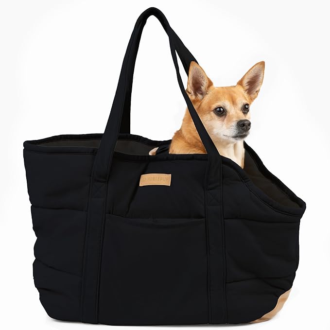 NoblePup Plush Dog Purse Carrier for Small Dogs, Soft Dog Tote Bag with Safety Harness Clip, Cozy Pet Carrier for Dogs Under 15 lbs, Comfortable Dog Shoulder Carrier for Travel, Black