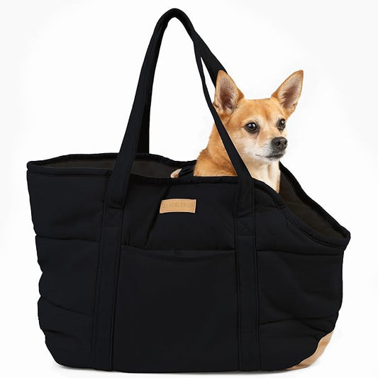 NoblePup Plush Dog Purse Carrier for Small Dogs, Soft Dog Tote Bag with Safety Harness Clip, Cozy Pet Carrier for Dogs Under 15 lbs, Comfortable Dog Shoulder Carrier for Travel, Black