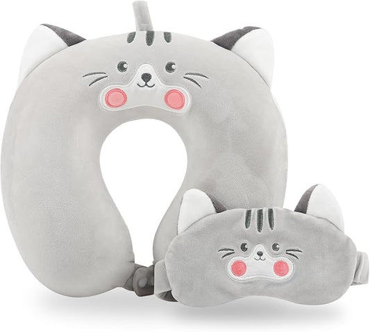 Travel Pillow, Kids Travel Pillow with Sleep Eye Mask Soft Memory Foam Kids Neck Pillow for Boys & Girls, Travel Accessories for Car Airplane Traveling - Grey Cat