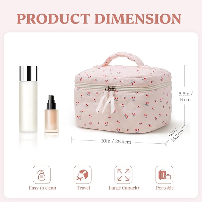 Prite Large Cosmetic Bags for Women Cute Makeup Bag Floral Coquette Aesthetic Toiletry Bag Travel Make Up Organizer Bag (Cherry)